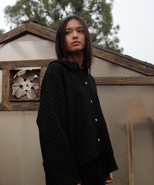 Lido elevated lounge that doubles as sleep wear, luxury pajama set. Choose from black jacquard or navy jacquard with  heirloom butterfly buttons. 